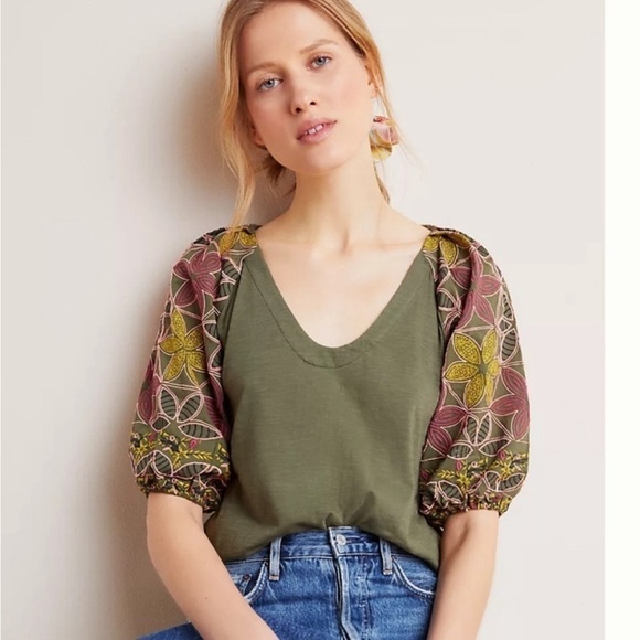 Maeve by Anthropologie Bridey Floral Embroidered Puff Sleeve Boho Green Top XS - Picture 1 of 9